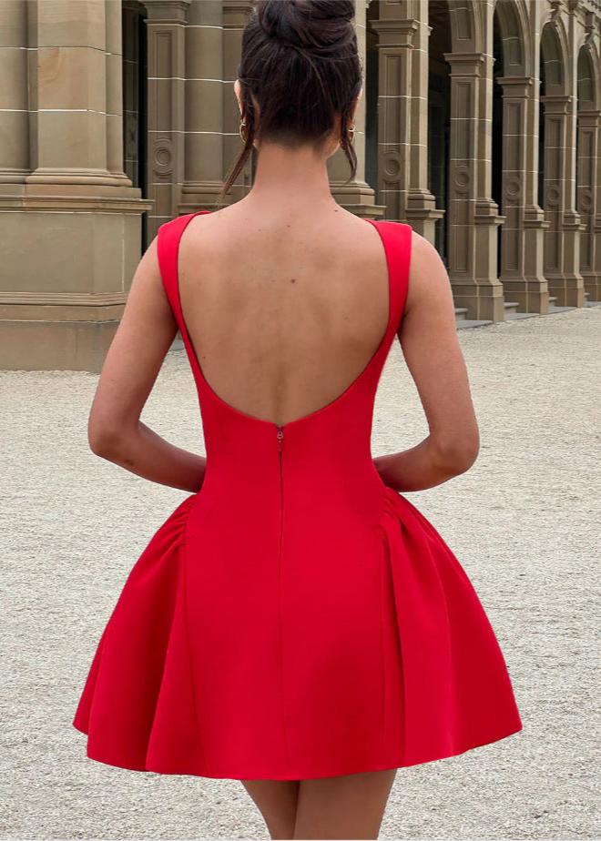 Boat Neck Sleeveless Princess Seam Structured Sculptural Fit and Flare Mini Cocktail Dress