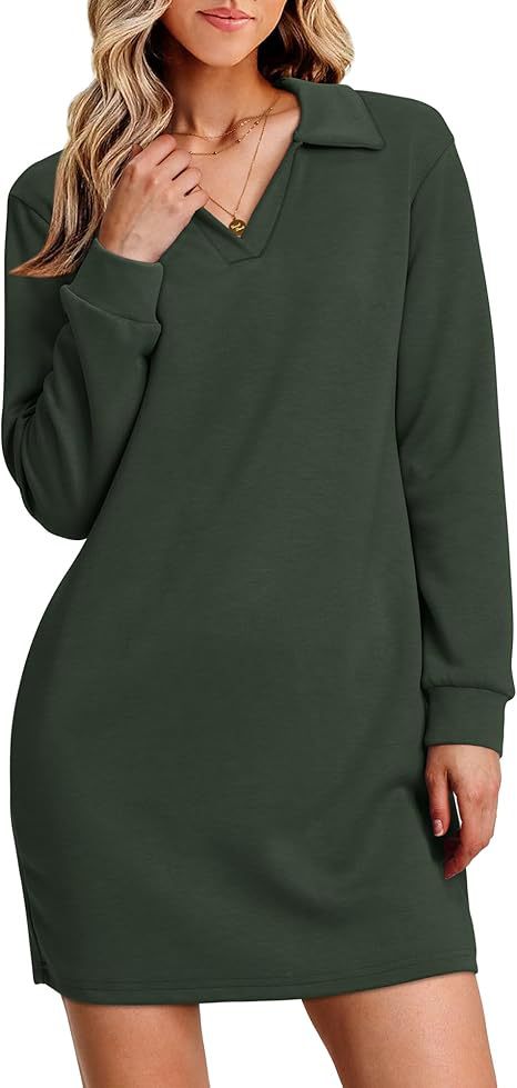 Collared V-Neck Long Sleeve Sweatshirt Mini Dress 4