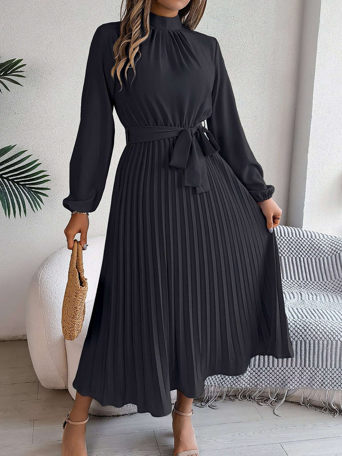 Mock Neck Long Sleeve Tie Waist Pleated A-Line Midi Dress 10