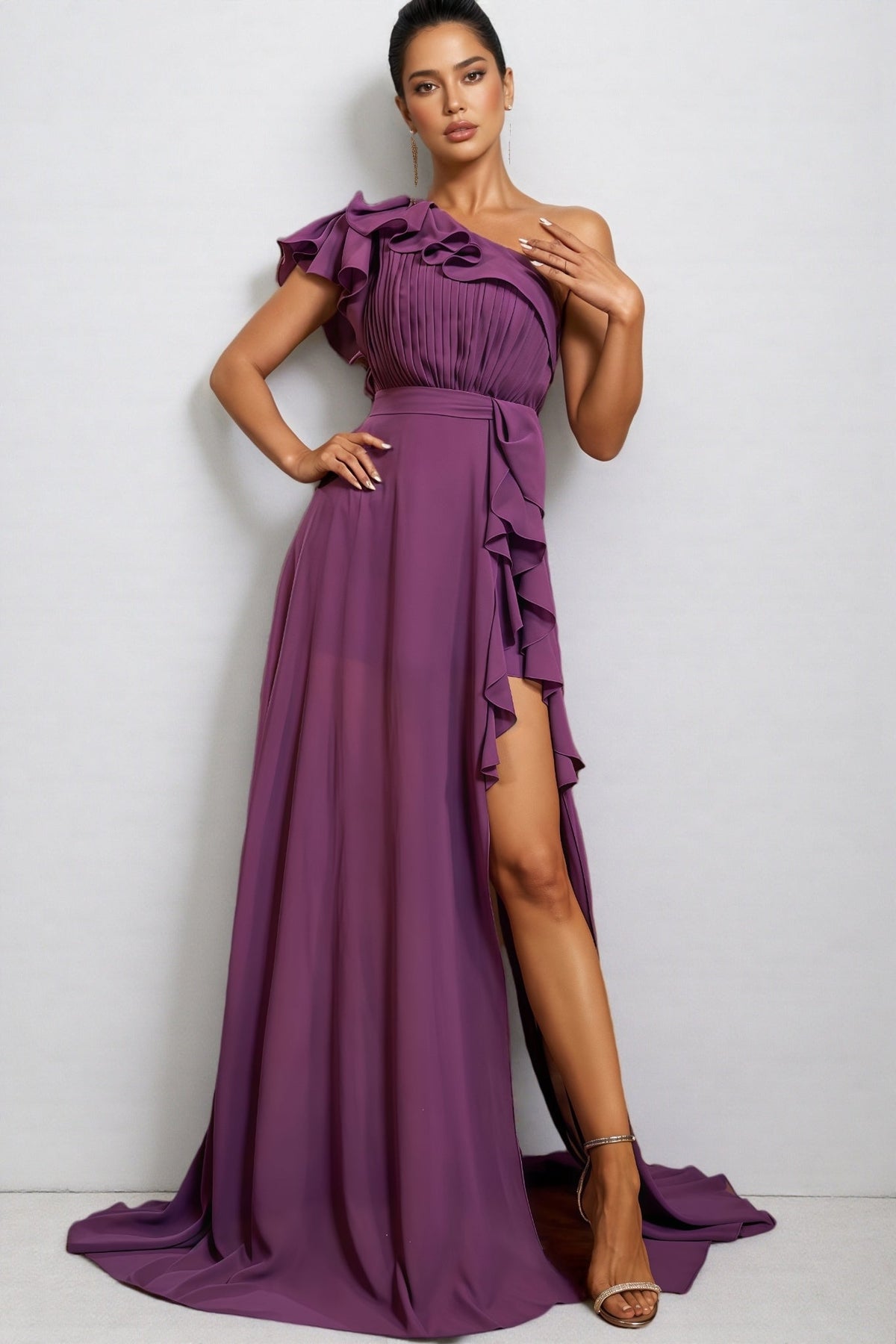 Chiffon One Shoulder Ruffle Pleated Bodice High Split Maxi Dress