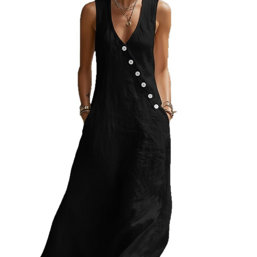 V-Neck Sleeveless Button Front Linen Maxi Dress 5