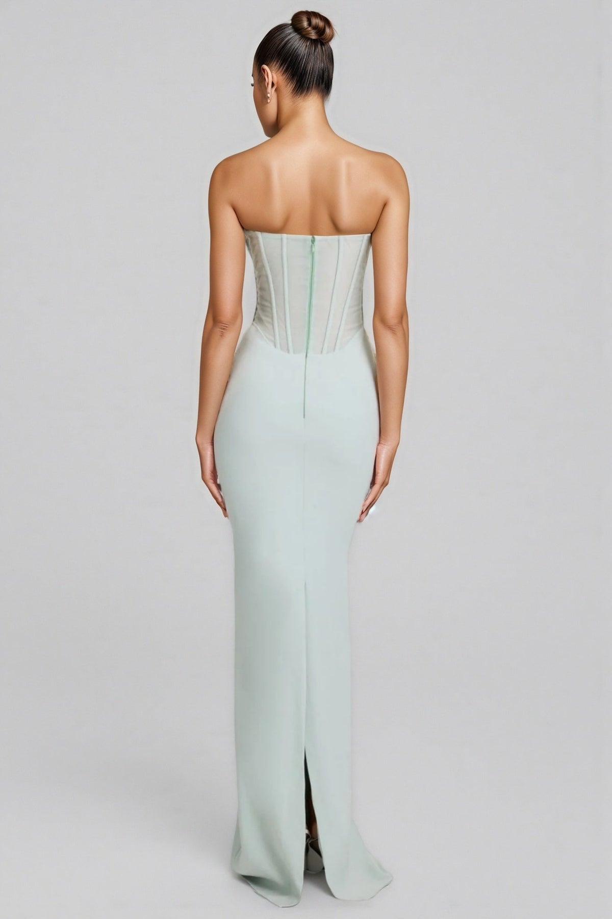 Strapless Sheer Corset Bodice Column Maxi Dress with Draped Neck Scarf 3