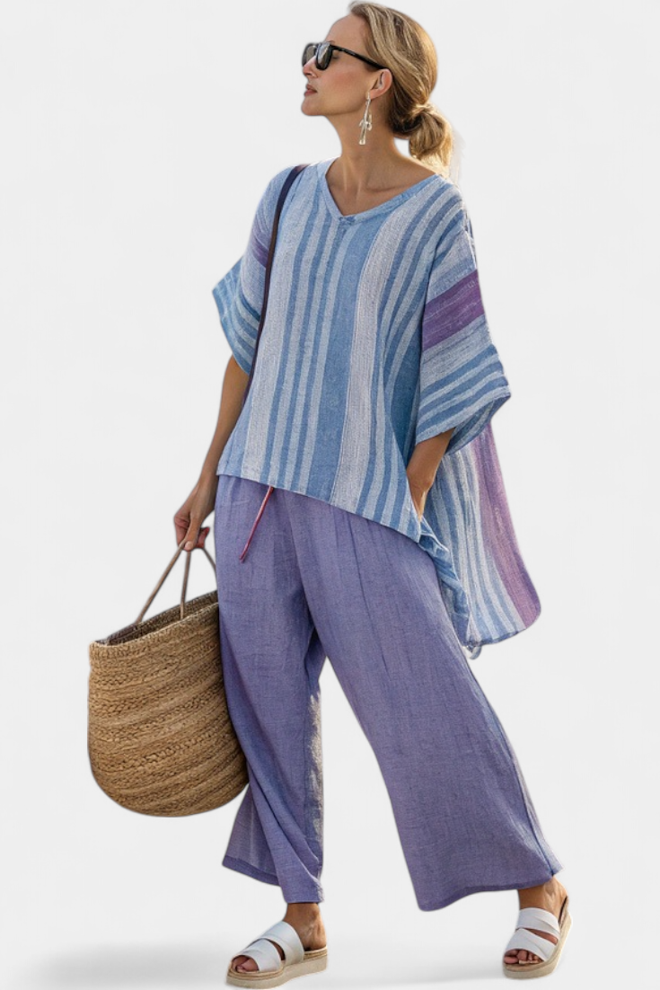 Striped V-Neck Short Sleeve Top and Wide Leg Pants Two Piece Set