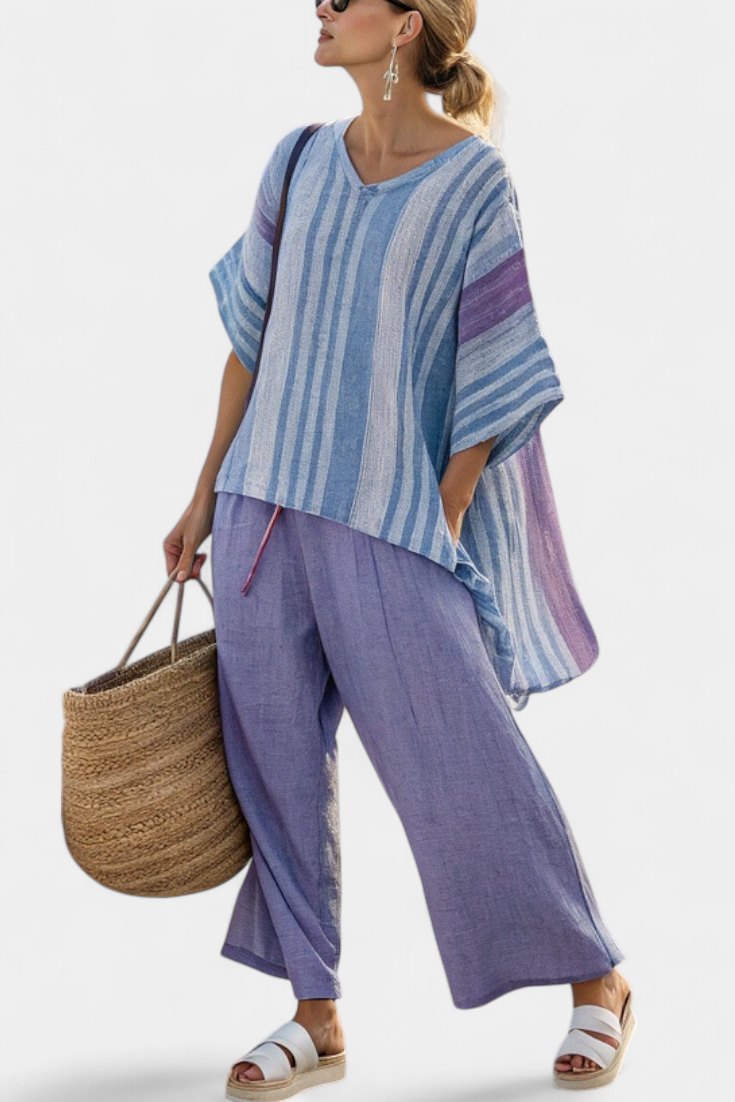 Striped V-Neck Short Sleeve Top and Wide Leg Pants Two Piece Set