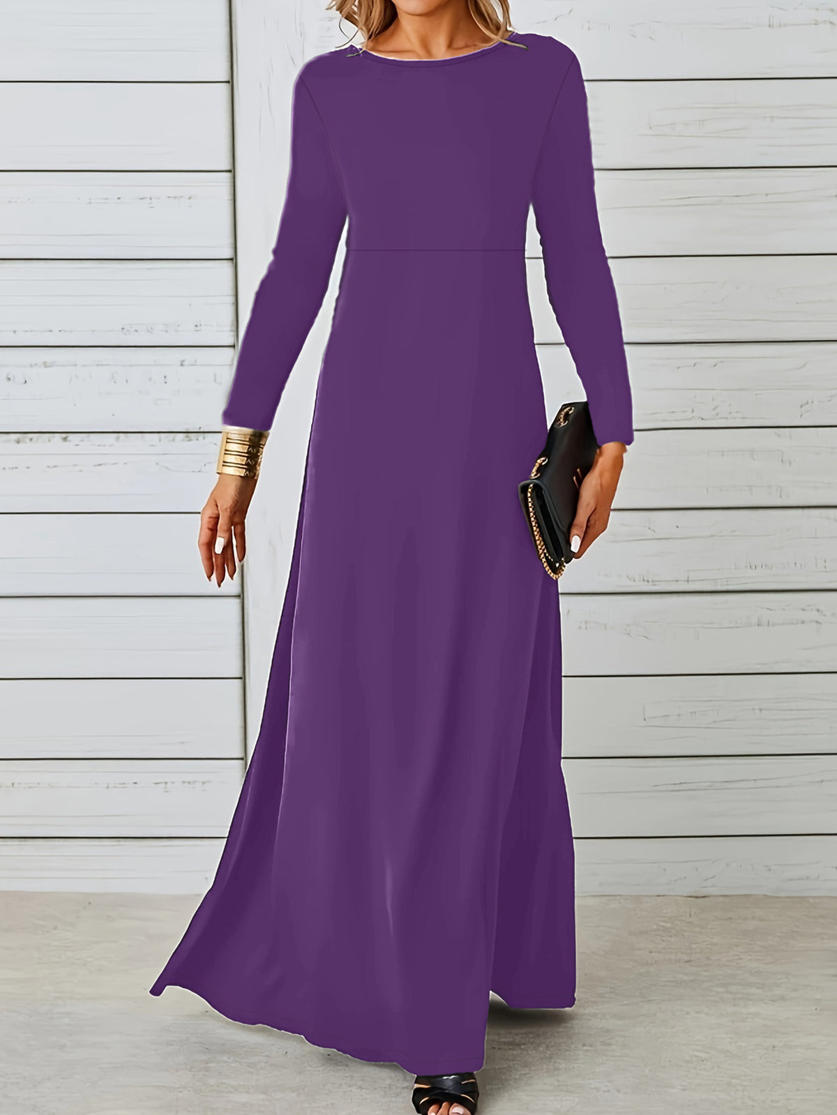 Round Neck Long Sleeve High Waist A-Line Maxi Dress 6