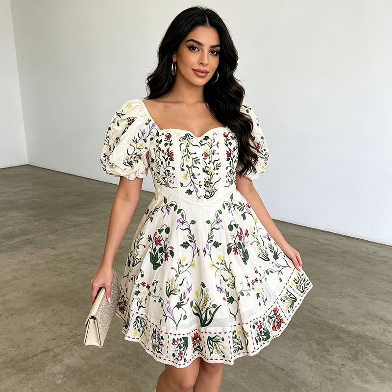 Floral Embroidered Sweetheart Neck Puff Sleeve Fit and Flare Mini Dress