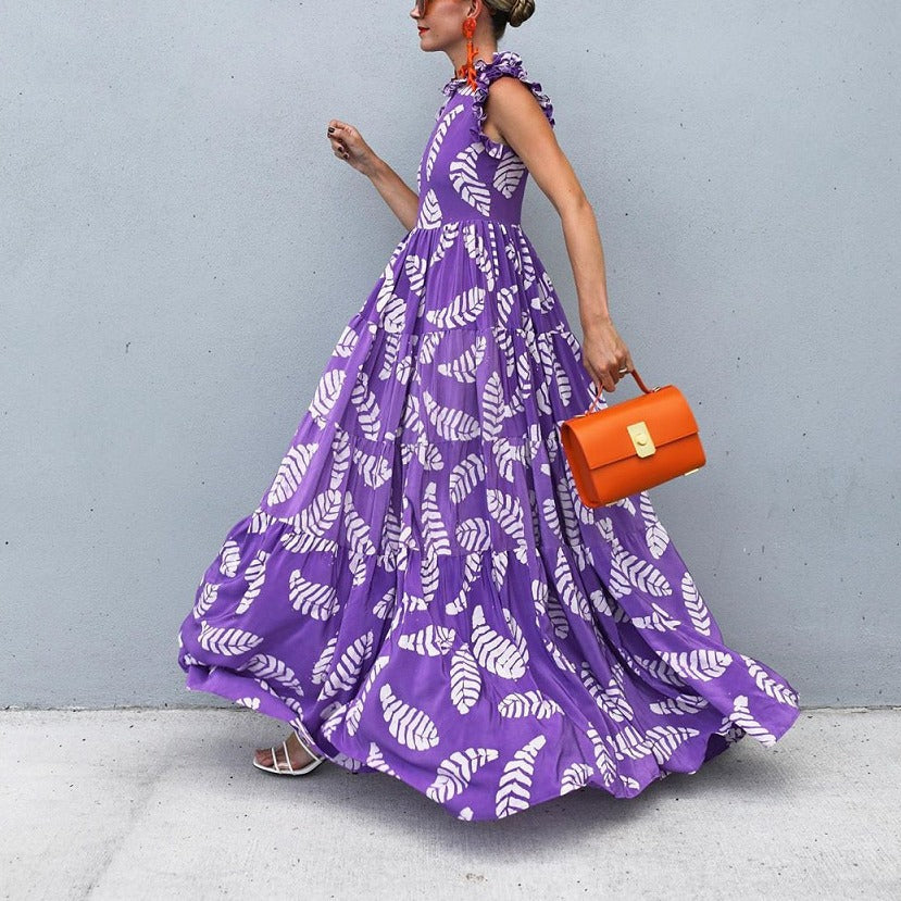 Spring Summer Women Clothing Violet Print Sleeveless Waist Controlled Large Hem Dress