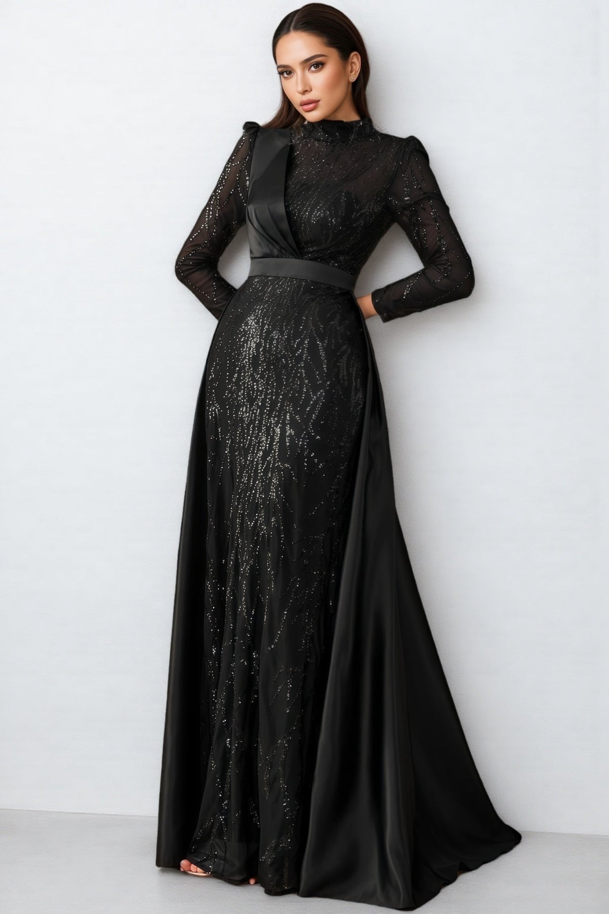 Sequin Mock Neck Long Sleeve Satin Overskirt Maxi Gown 4