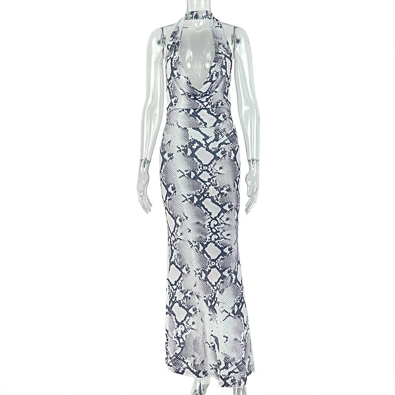 Snakeskin Print Halter Cowl Neck Open Back Maxi Dress 5