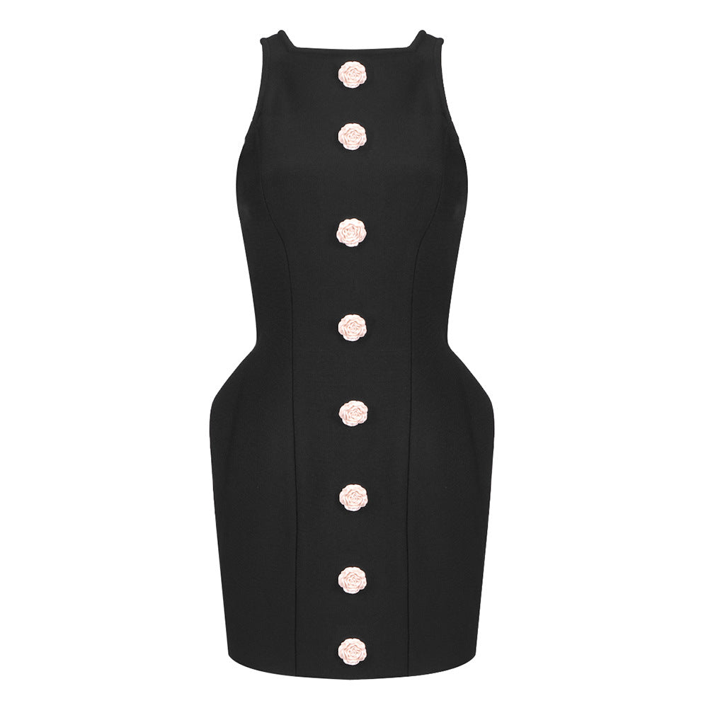 Halter Neck Rosette Button Front Sleeveless Bodycon Mini Dress 5