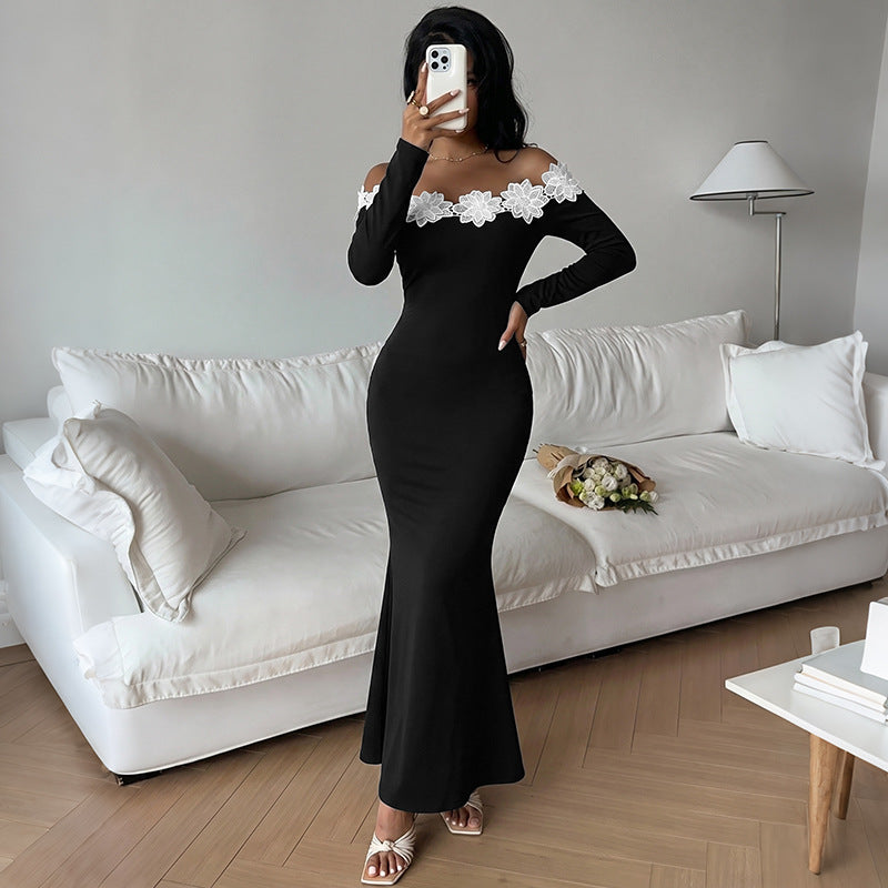 Elegant Lightly Mature Three Dimensional Floral Stitching off Neck Long Sleeve Dress