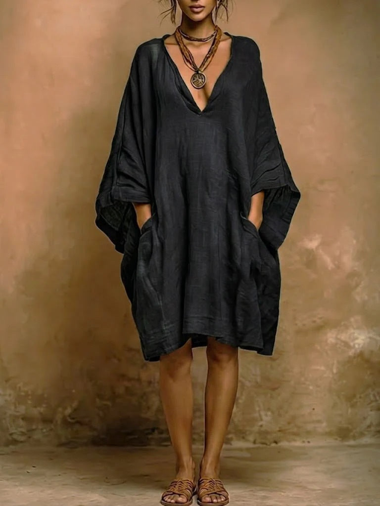 Linen Look Deep V-Neck Batwing Sleeve Oversized Pocket Knee Length Dress 2
