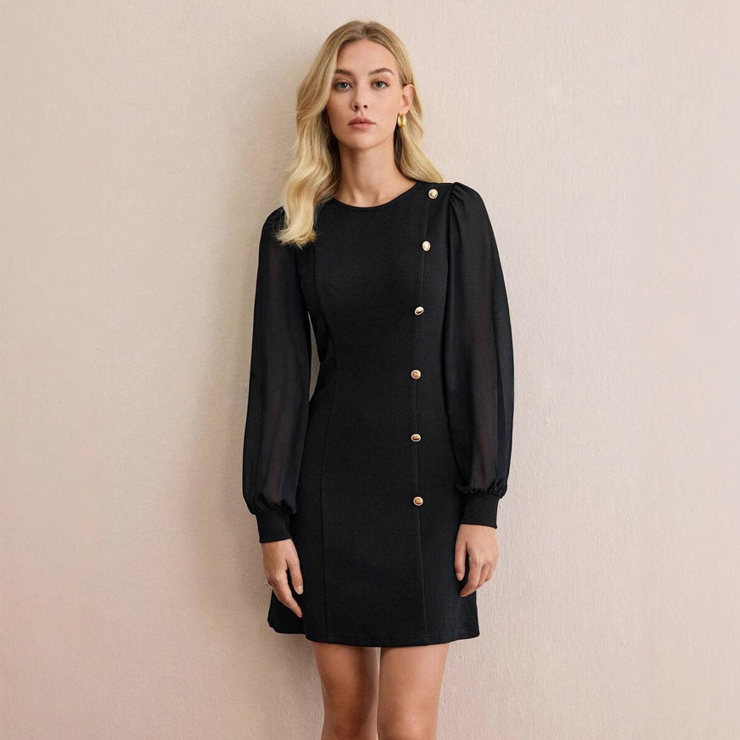Early Spring Women Slim Fit Slimming Solid Color Clinch Stitching Long Sleeve Dress
