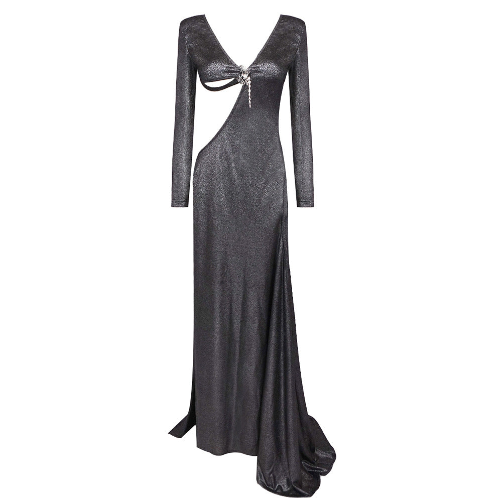 Sequin Long Sleeve Open Back High Split Evening Gown with Train 6
