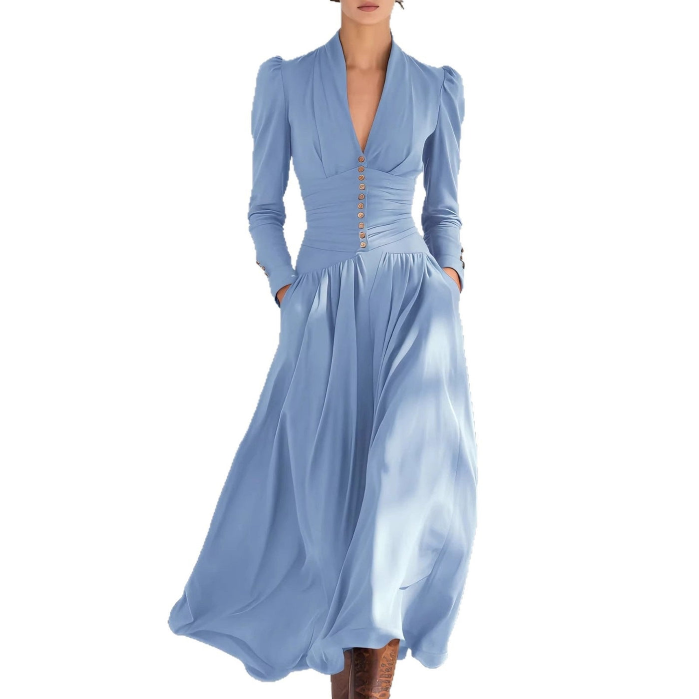 Deep V-Neck Puff Sleeve Ruched Satin Maxi Dress 5