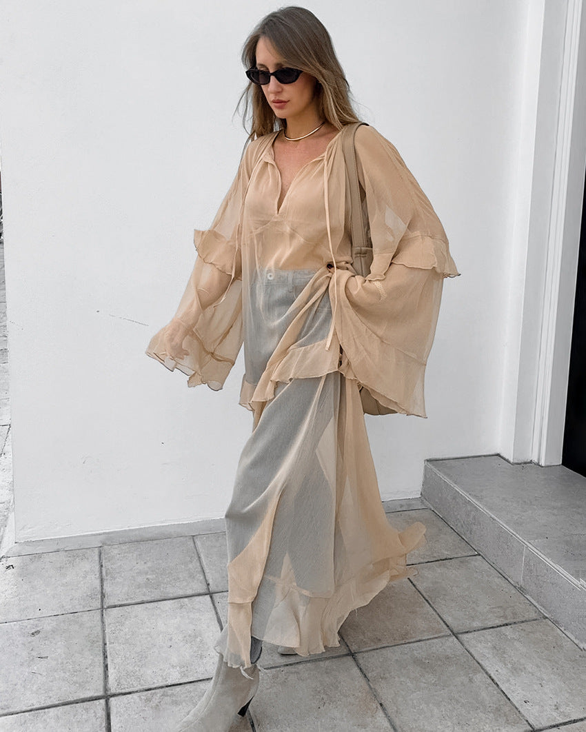 Sheer Tiered V-Neck Tie Neck Long Flared Ruffle Sleeve Maxi Dress
