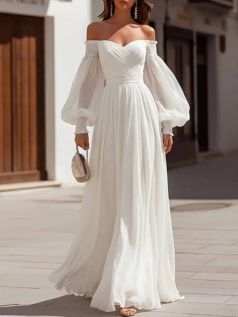 Off Shoulder Smocked Cuff Bishop Sleeve Pleated Chiffon Maxi Dress 2