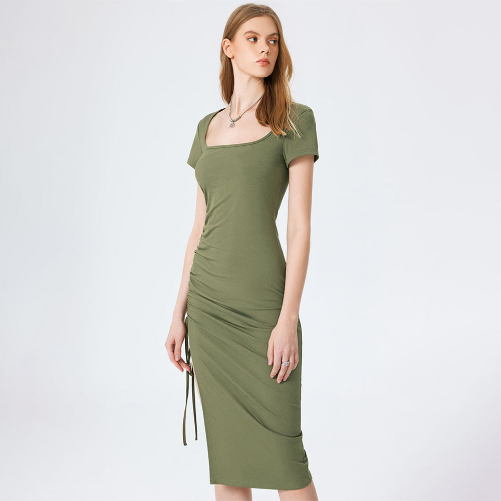 Ribbed Square Neck Short Sleeve Ruched Drawstring Side Bodycon Midi Dress