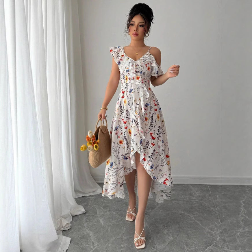 Floral Print Cold Shoulder Ruffle V-Neck Asymmetric Hem Midi Dress 3