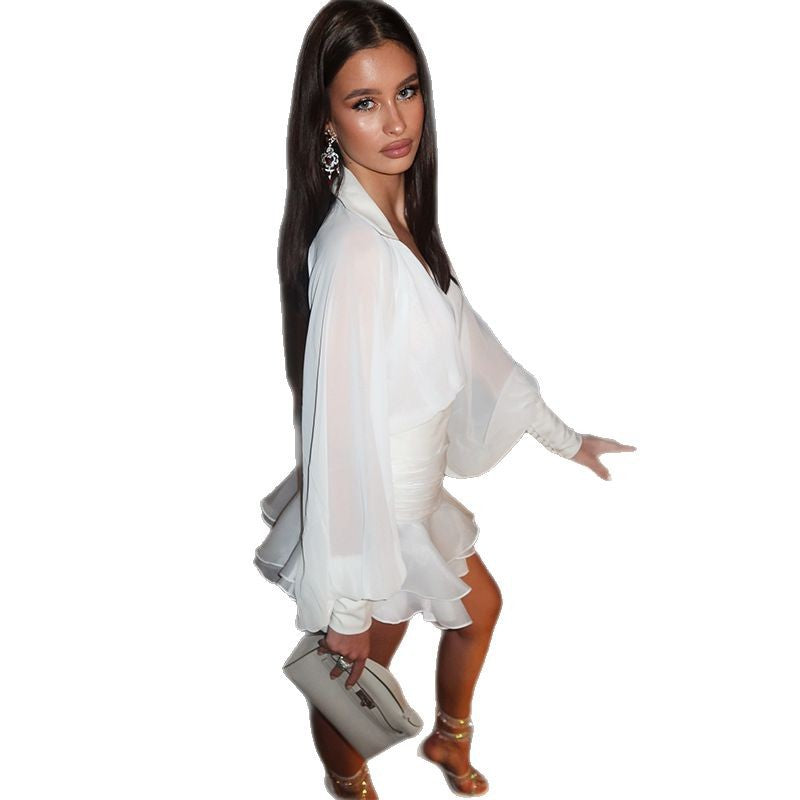 Chiffon Collared Puff Sleeve Ruched Ruffle Mini Dress 5