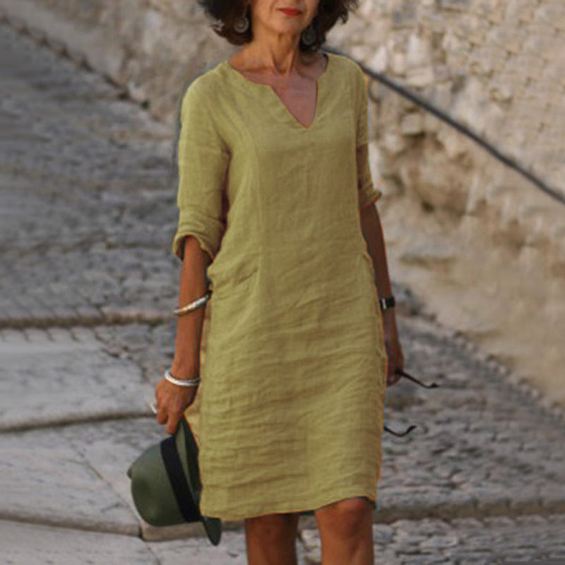 Split Neck Short Sleeve Pocket Shift Midi Dress 11