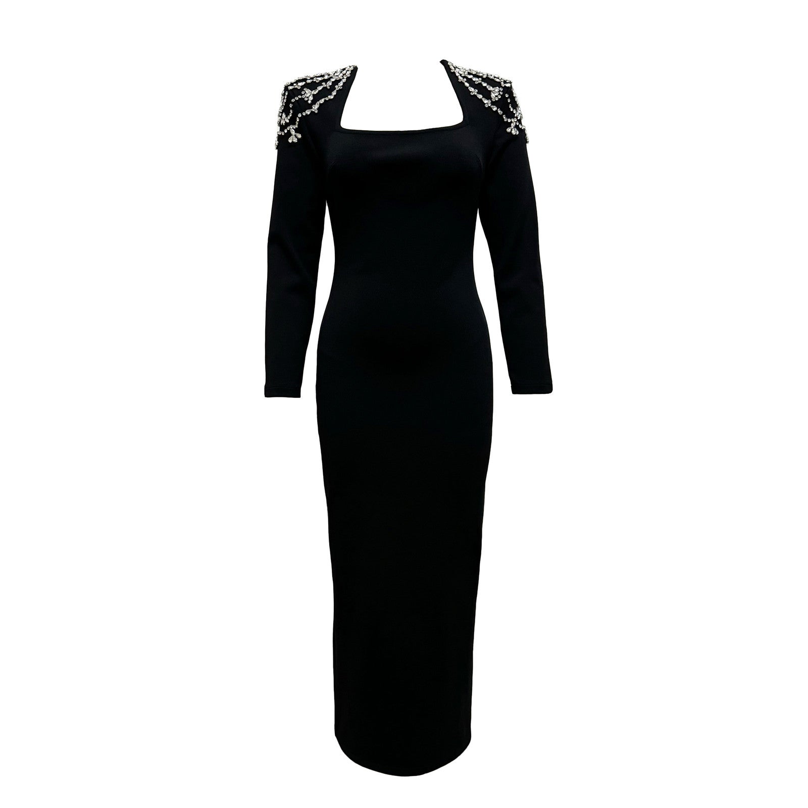 Square Neck Rhinestone Shoulder Cut Out Long Sleeve Bandage Dress