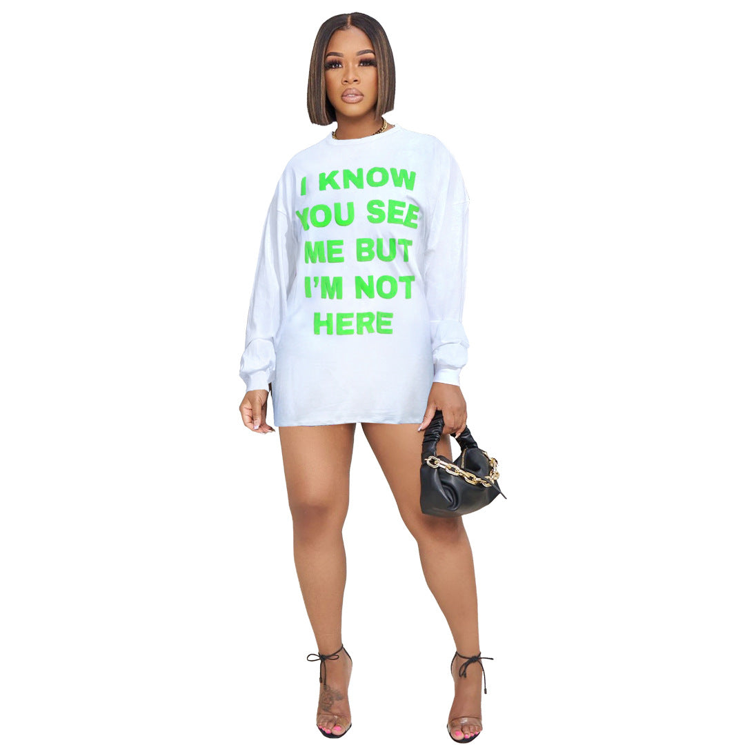 Letter Graphic Print Crew Neck Long Sleeve Oversized T-Shirt Dress 2