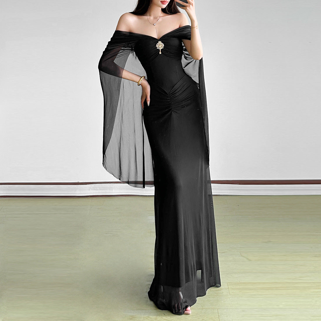Autumn Winter Mesh Stitching off Shoulder Tight Sheath Dress - View 4