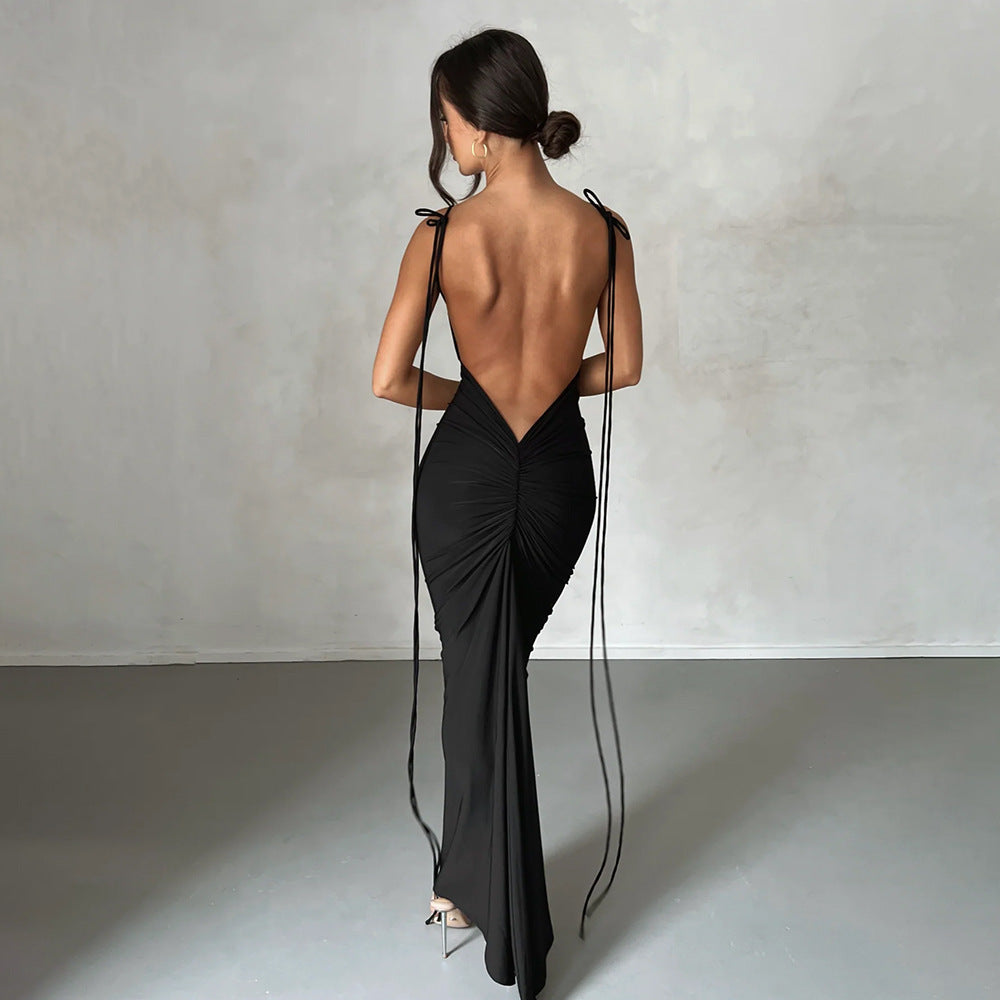 Backless Tie Shoulder Spaghetti Strap Ruched Bodycon Maxi Dress