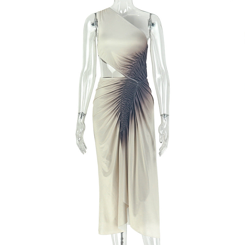 Gradient Print One Shoulder Cut Out Pleated Asymmetric Midi Dress 2