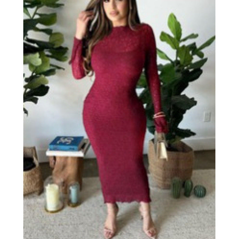 Sheer Lace Mock Neck Flare Long Sleeve Layered Bodycon Midi Dress 4