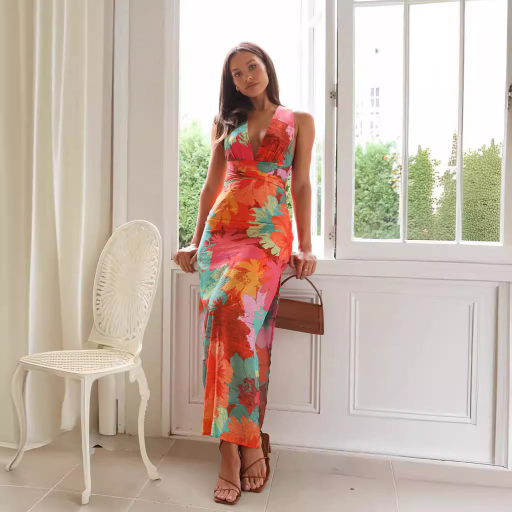 Watercolor Floral Print Halter Deep V-Neck Tie Waist Maxi Dress 2