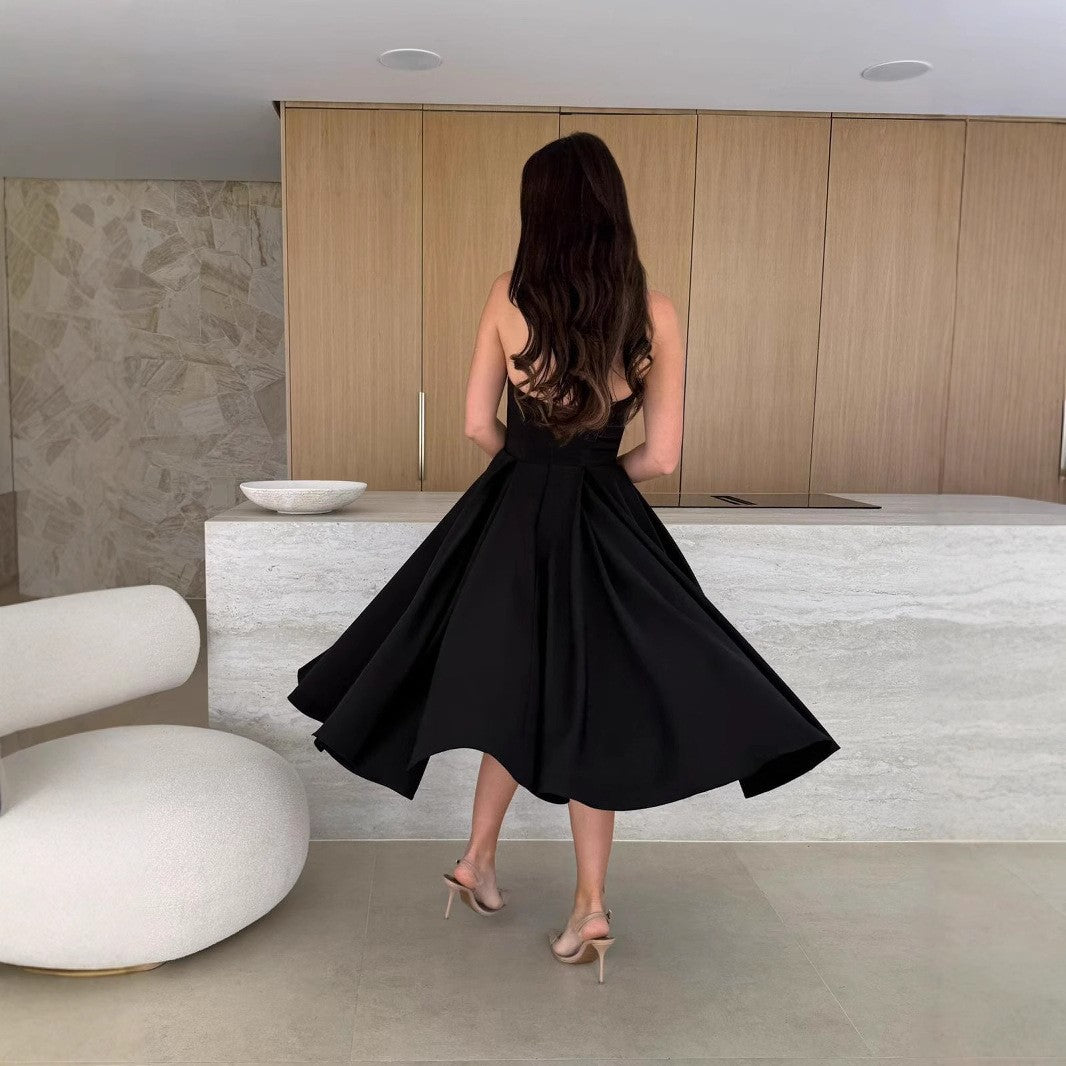 Strapless Fit and Flare Pleated Midi Cocktail Dress