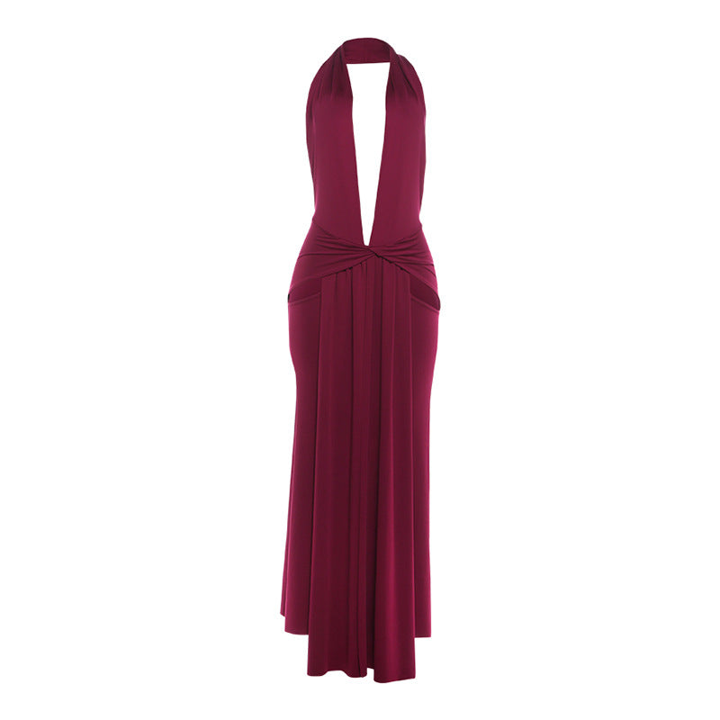 Deep V-Neck Halter Twist Front Hip Cut Out High Split Maxi Dress 5