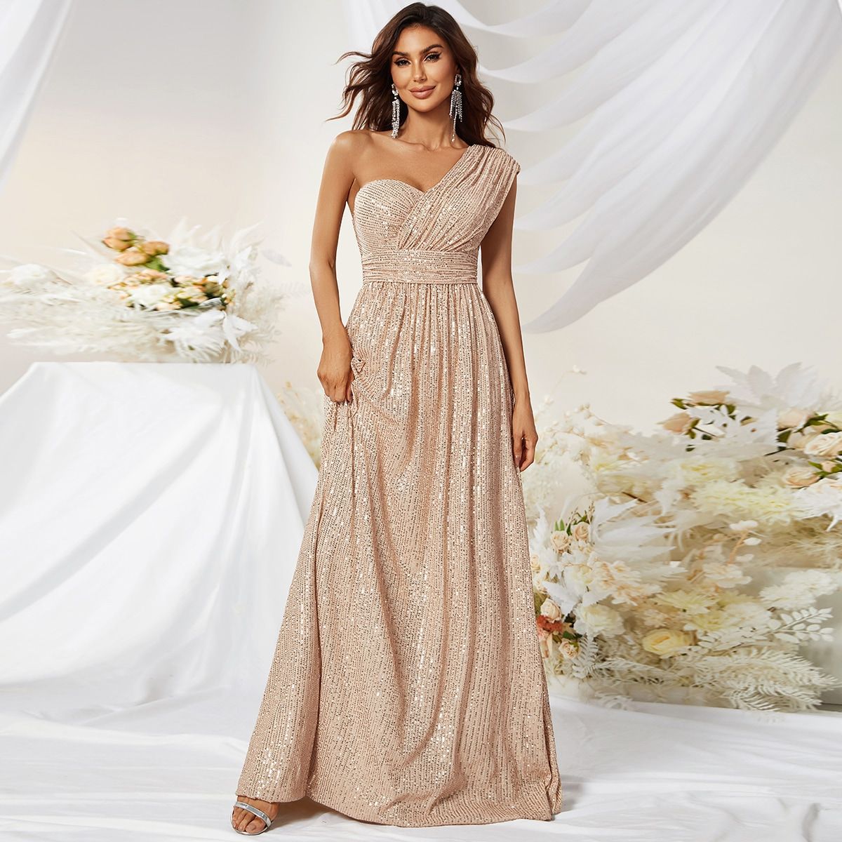 Evening Dress Oblique Shoulder Sleeveless Refined Sequined Party Dress Maxi Dress