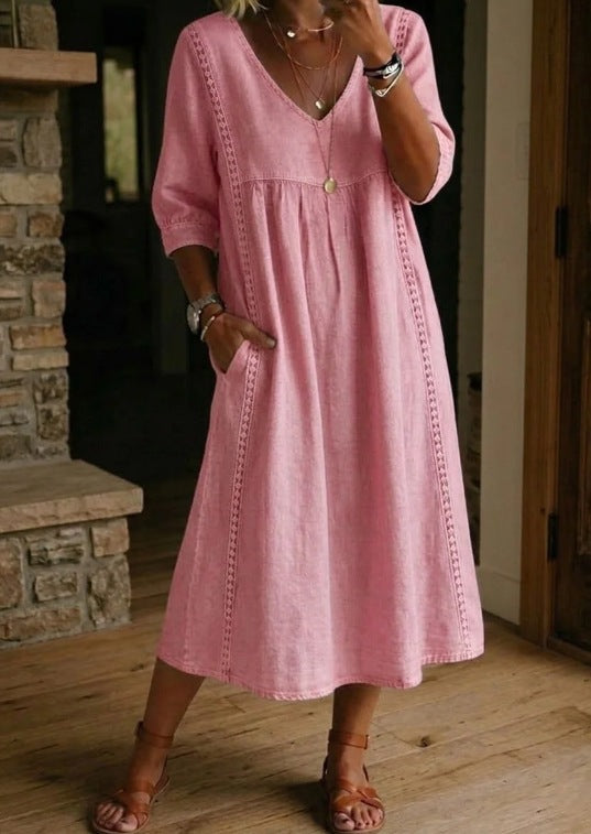 V-Neck Lace Trim Linen Pocket Midi Dress 9