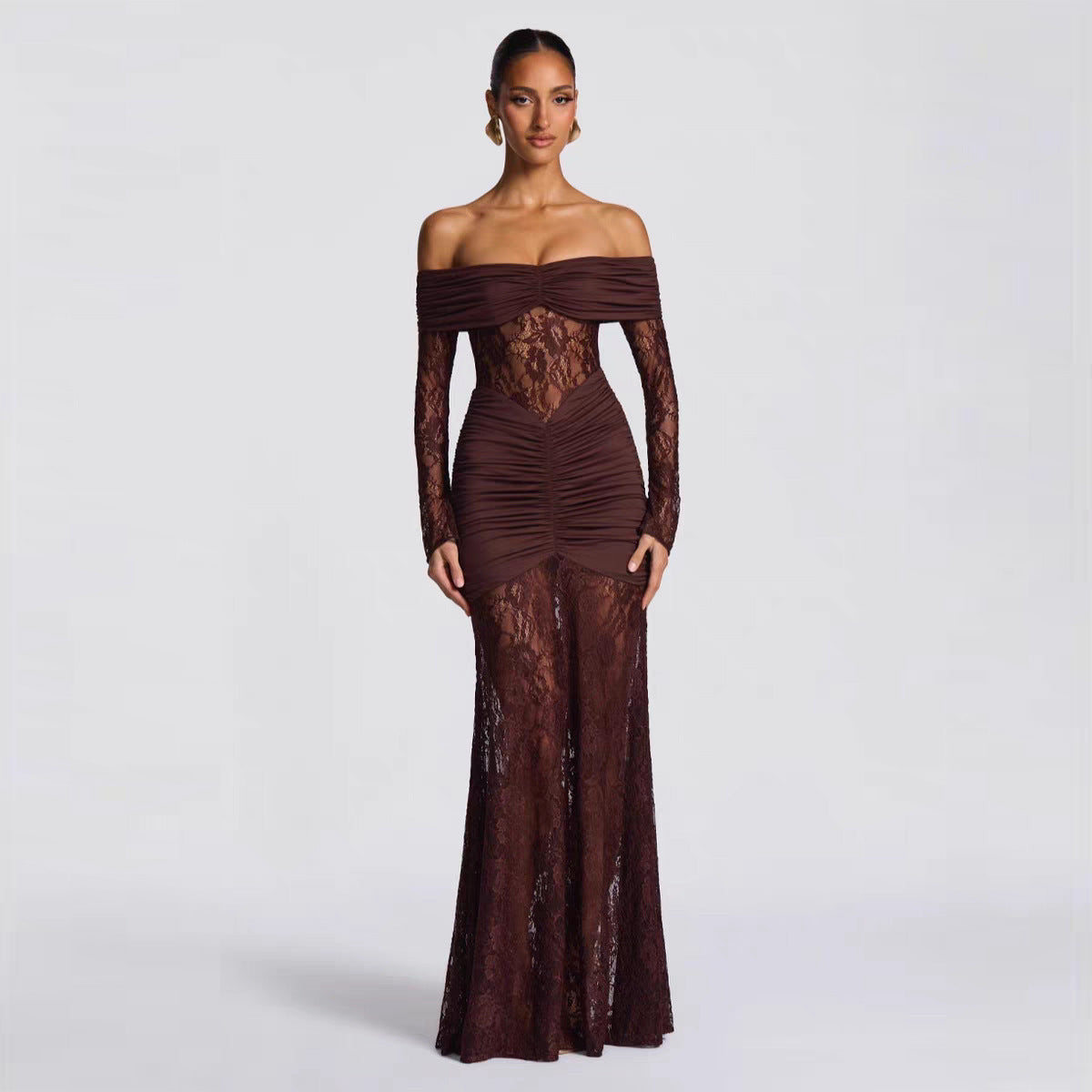 Autumn Graceful Lace Stitching off Shoulder Long Sleeve Narrow Dress Maxi Dress Women Evening Dress