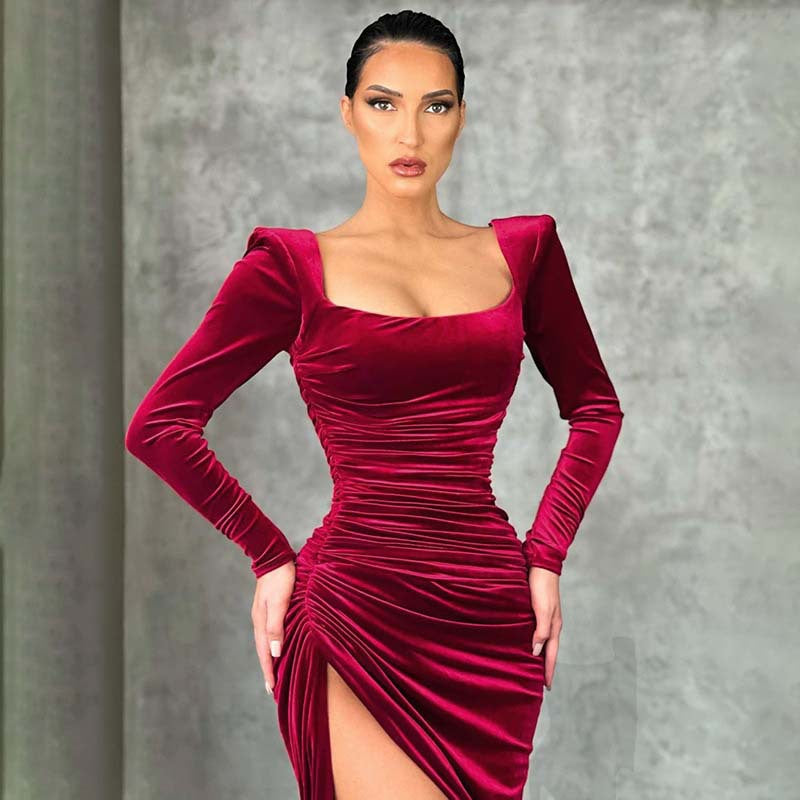 Velvet Square Neck Long Sleeve Ruched High Split Bodycon Midi Dress