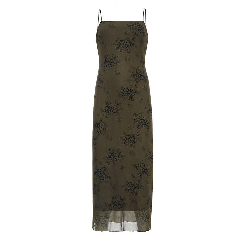 Floral Flocked Mesh Spaghetti Strap Lettuce Hem Bodycon Maxi Dress 3