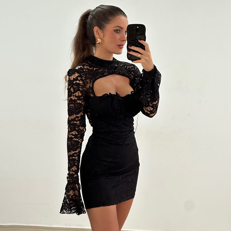 Lace Mock Neck Chest Cut Out Bell Sleeve Bodycon Mini Dress