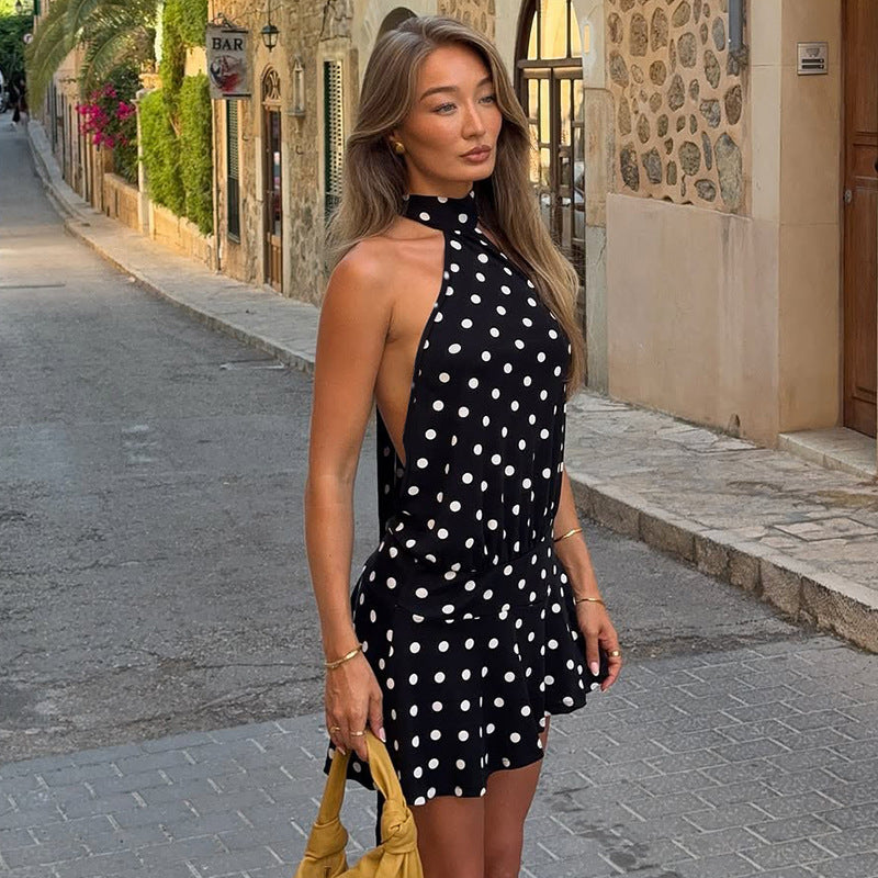 Women Clothing Printed Polka Dot Short Sexy Lacing Halter Backless Dress