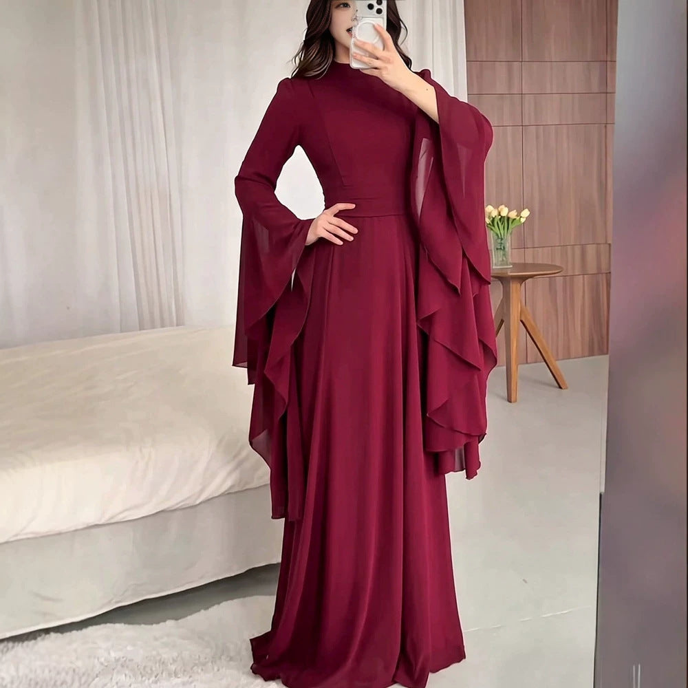Autumn Ladies Solid Color Bell Sleeve Elegant Party Occasion Maxi Dress