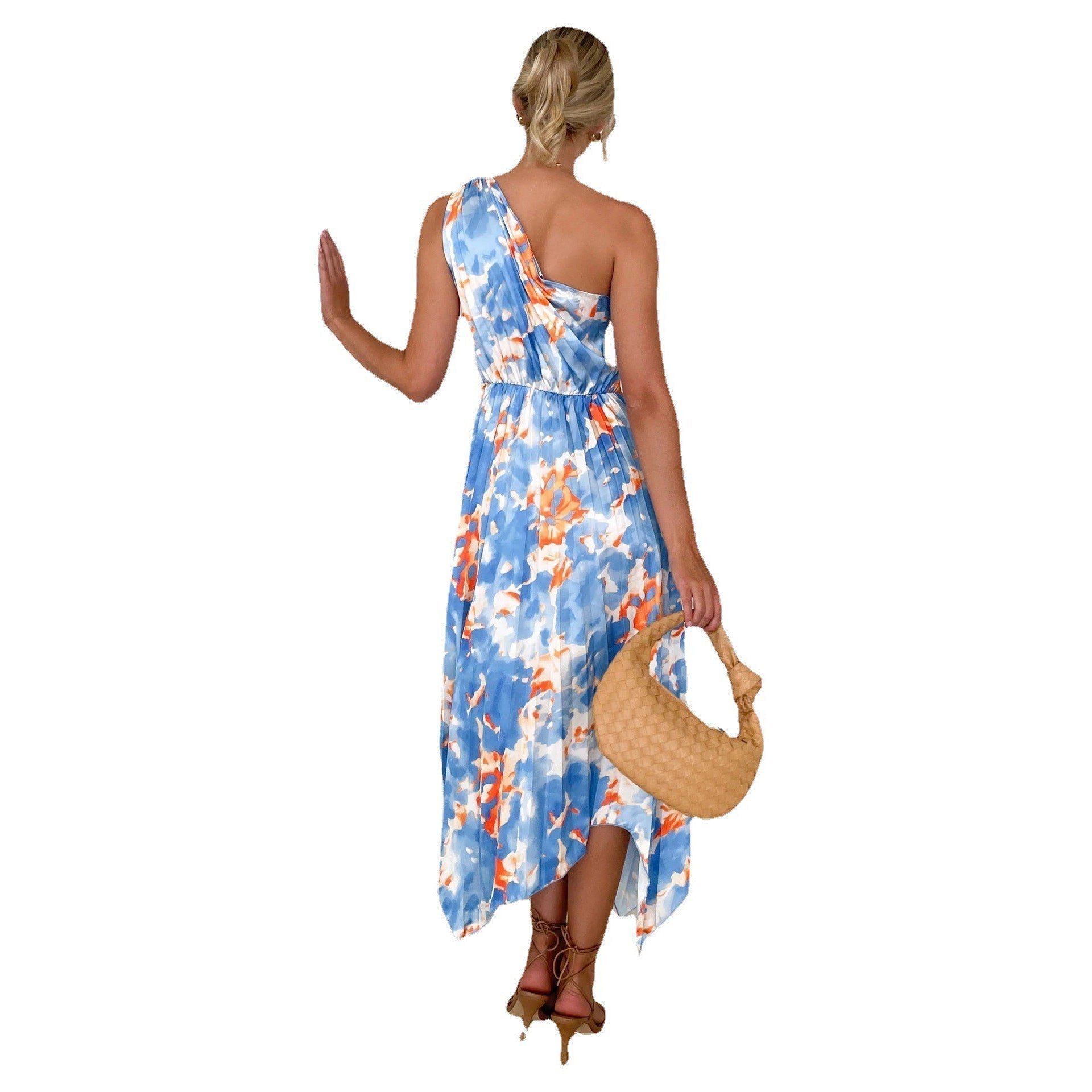 Floral One Shoulder Belted Handkerchief Hem Pleated Midi Dress
