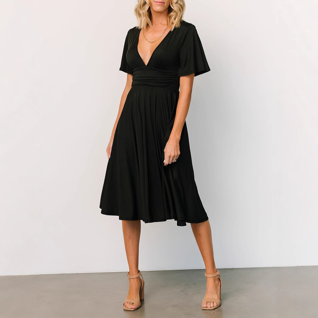 Deep V-Neck Flutter Sleeve Ruched Waist A-Line Midi Dress