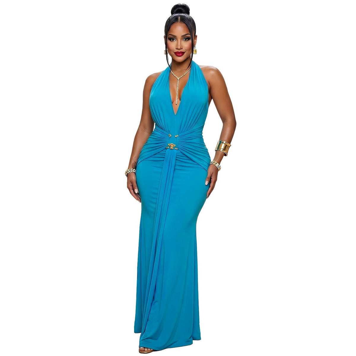 Halter Neck Deep V Plunge Ring Detail Draped Mermaid Maxi Dress 4