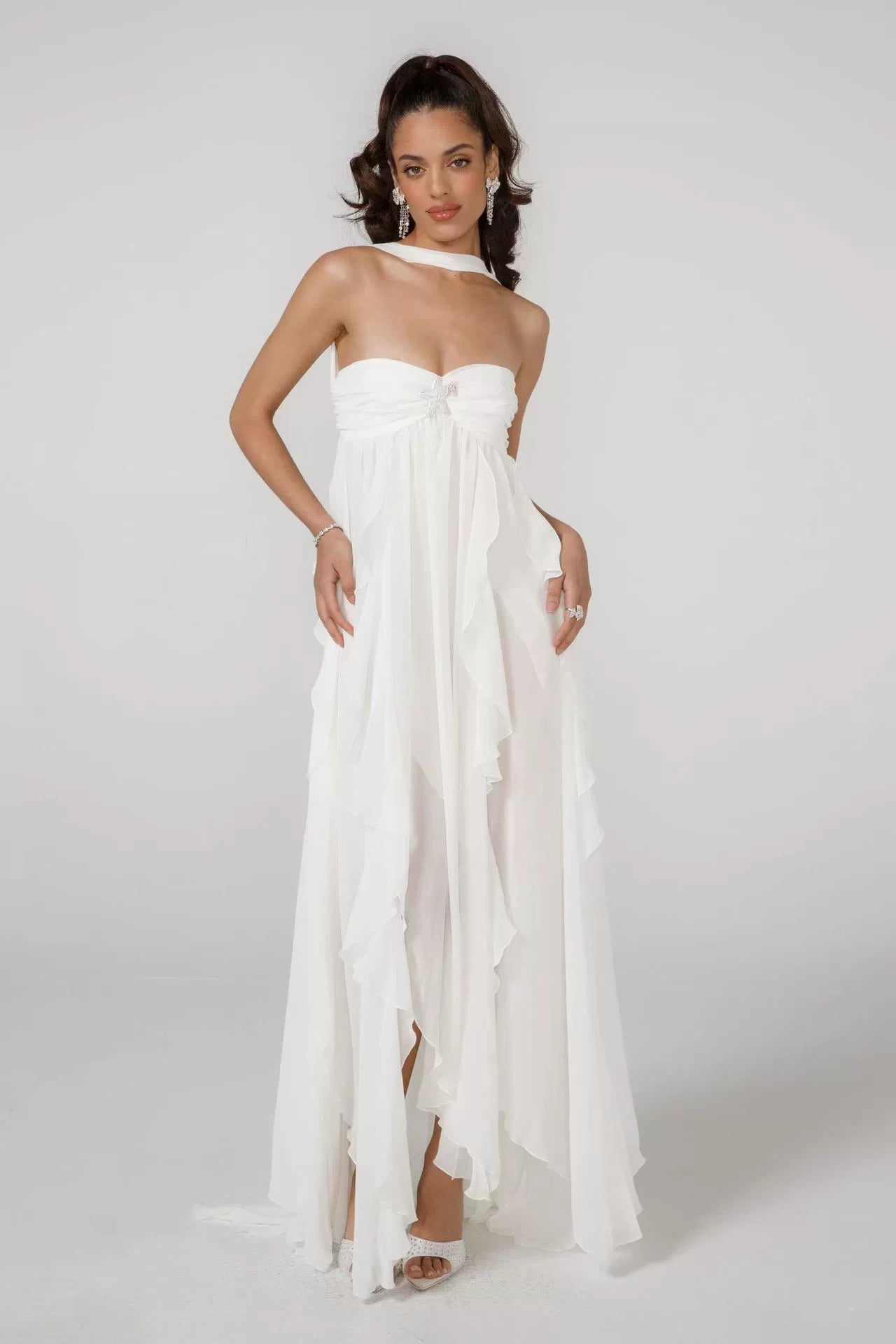 Strapless Ruched Star Embellishment Tiered Ruffle Sheer Chiffon Maxi Gown