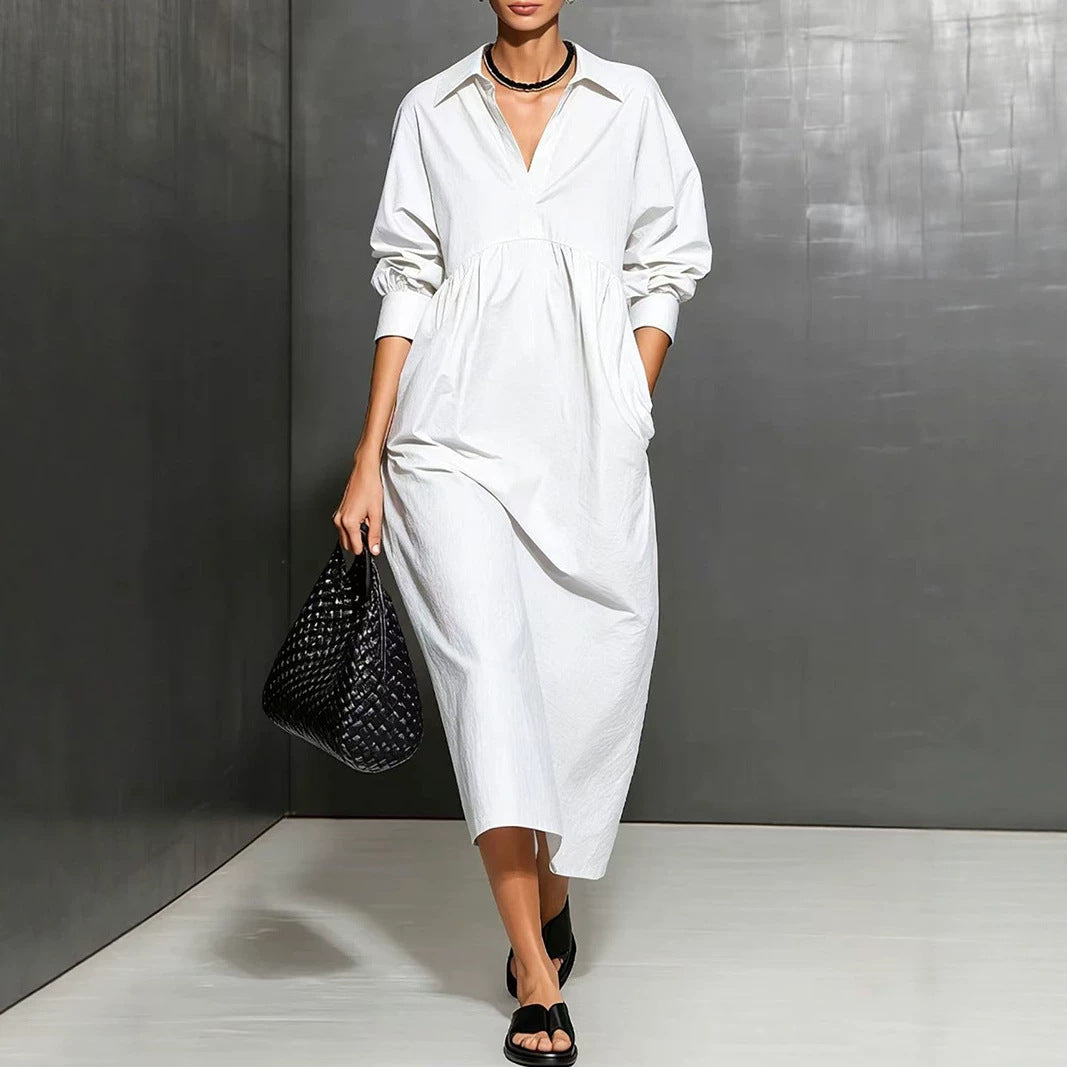 Collared V-Neck Long Sleeve Empire Waist Loose Midi Shirt Dress 2