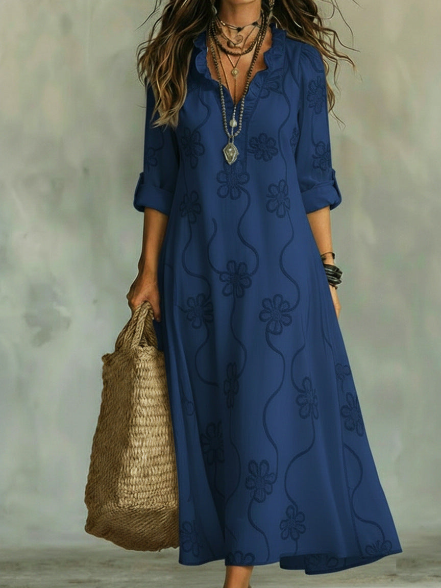Floral Embroidered Ruffle V-Neck Roll Tab Sleeve A-Line Maxi Dress 6