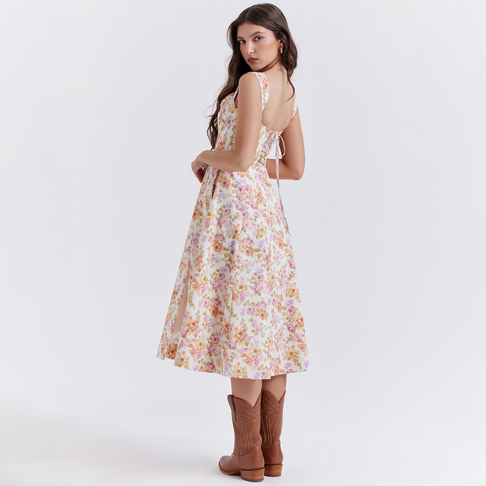 Floral Corset Wide Strap High Split Fit and Flare Midi Dress