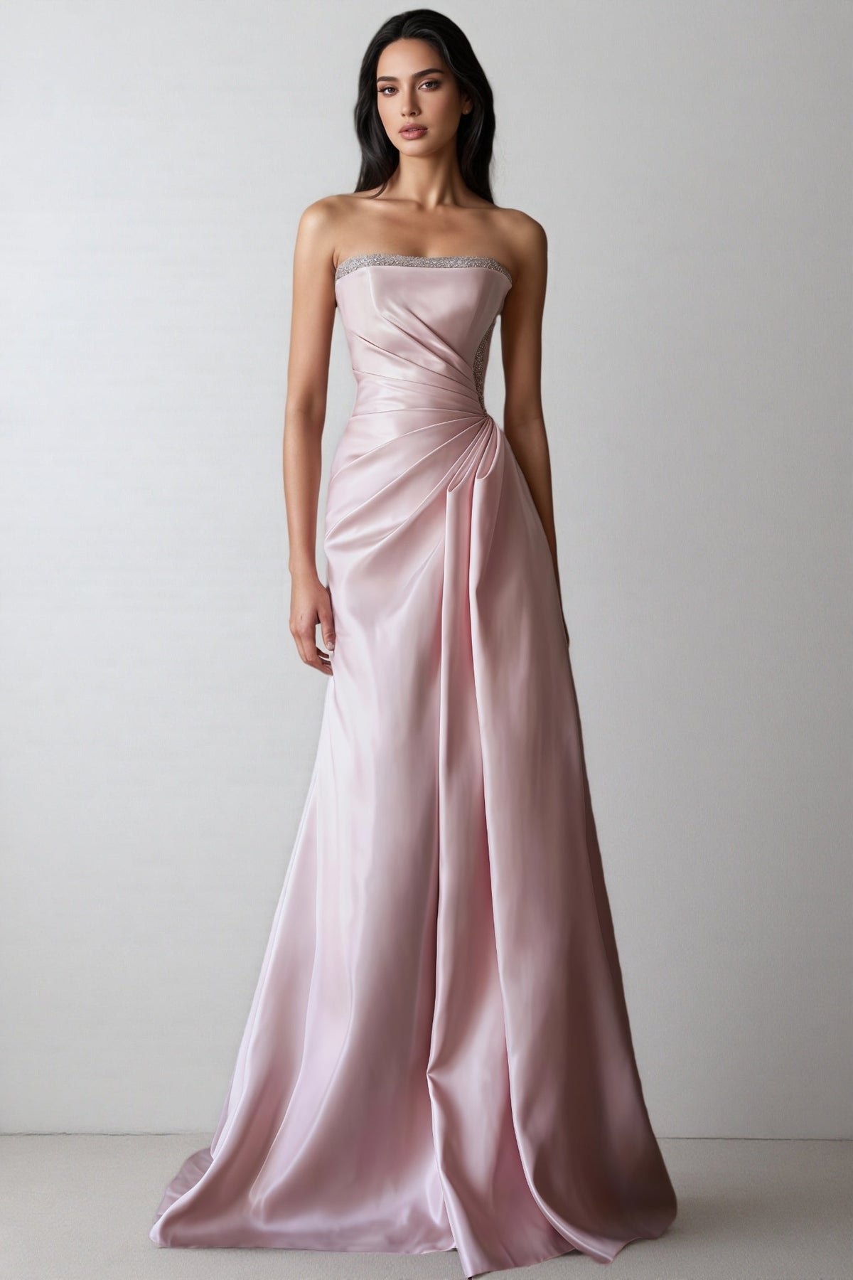 Satin Strapless Rhinestone Trim Ruched Waist Mermaid Maxi Gown